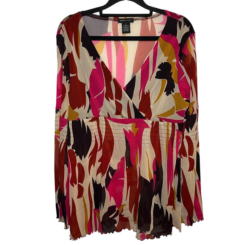 BCBGMaxazria Retro Babydoll Bell Sleeve Blouse‎ Pink Size XL Business Casual Y2K